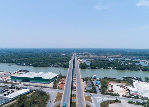 Aerial View Highway Traffic Road with Cars View Amazing Aerial View Road Skyline Long Bridge Surat Thani Thailand