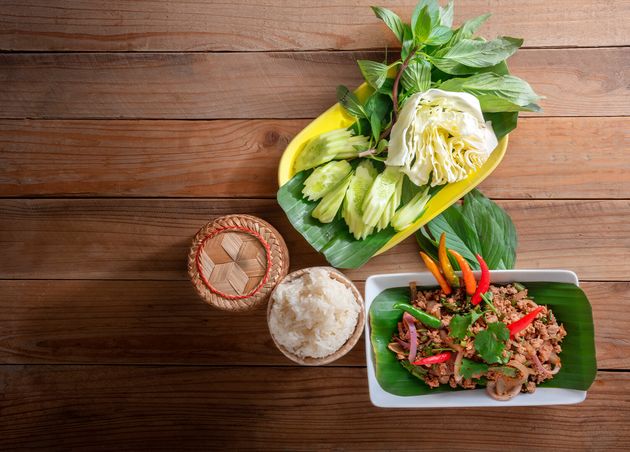 Thai Food Called Laab Moo Eat with Sticky Rice Kratib Glutinous Rice