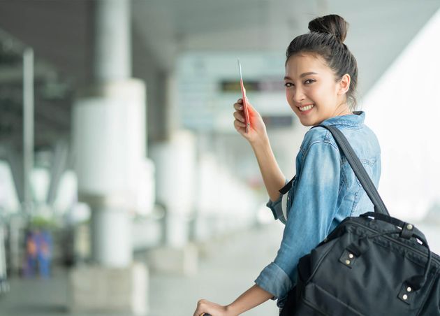 Attractive Asian Female Woman Wearing Casual Travel Cloth Walking Waiting Transit Departure Building Outdoor Backgroundasian Female Travel Concept