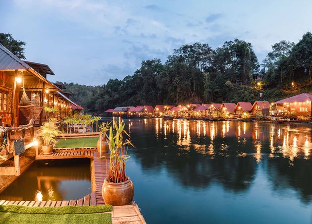 Tropical Wooden Raft Resort Illumination River Kwai Dawn