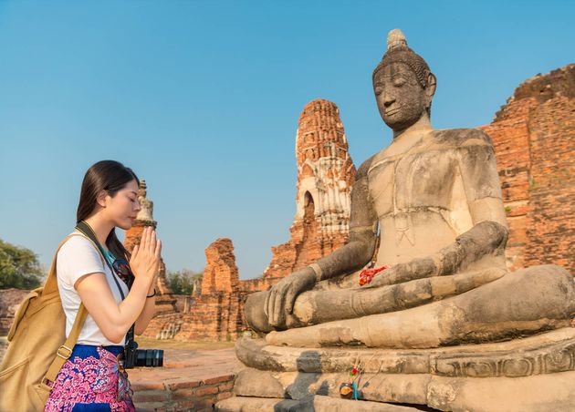 Beautiful Sweet Female Tourist Praying with Buddha Hoping Family Healthy Ayutthaya Wat Mahathat Thailand Travel Enjoy Buddhism Culture