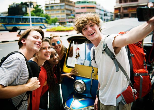 Group Caucasian Tourists Taking Selfie Front Tuk Tuk
