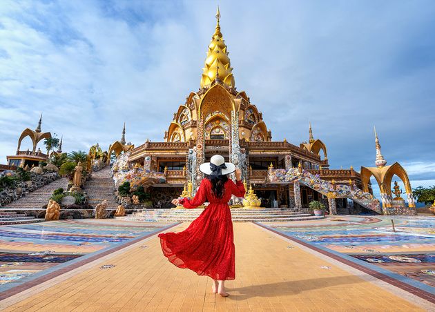 Woman Standing Wat Phra that Pha Son Kaew Temple Khao Kho Phetchabun Thailand