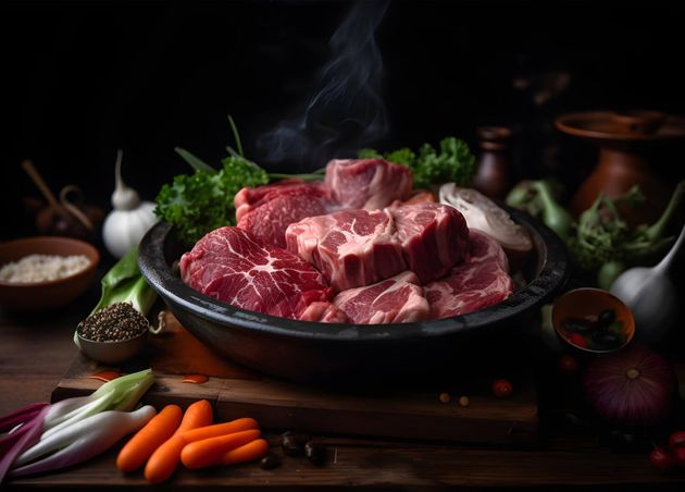 Raw Fresh Meat Fresh Vegetables Hot Pot Shabu Wooden Table