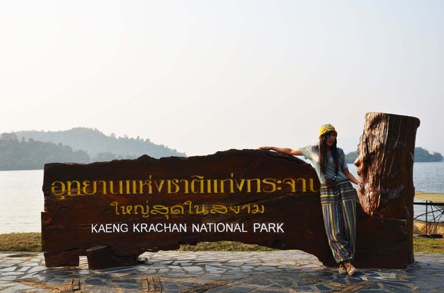 Travelers Thai Women Journey Travel Visit Posing Portrait with Information Board Tag Detail Kaeng Krachan Dam Reservoir Kaengkrachan National Park