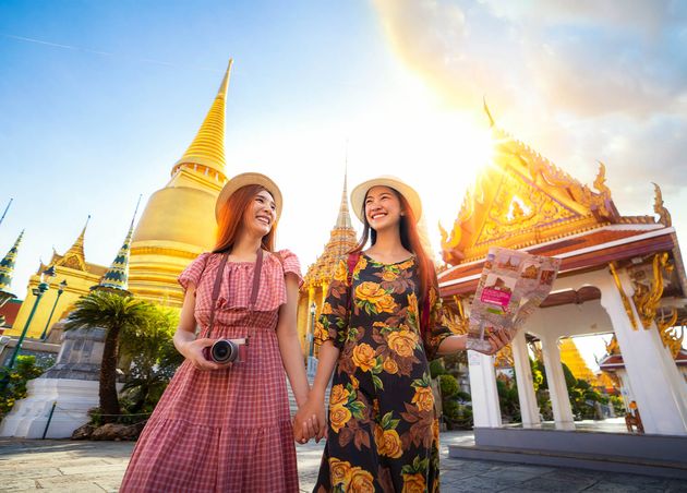 Two Asian Girlfriends Traveling Check Location by Map Grand Palace