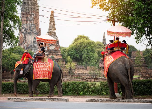 Tourists with Elephant Wat Chaiwatthanaram Temple Ayutthaya Historical Park