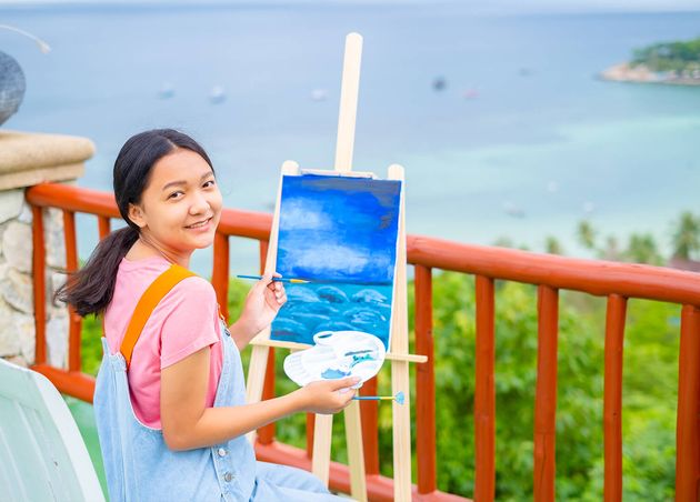 Young Girl Using Brush Drawing Picture Canvas Paper Beautiful Landscape View Koh Tao Thailand