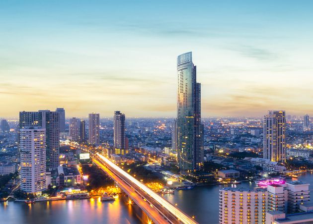 Aerial View Modern Office Buildings Bangkok City Downtown with Sunset Time Bangkok Thailand
