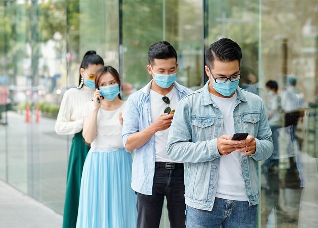 Young Asian People Medical Masks Standing Queue Texting Making Phone Calls