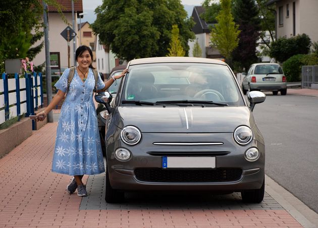 Travelers Thai Woman Travel Posing with Classic Car beside Road Sandhausen Village August 25 2017 Heidelberg Germany