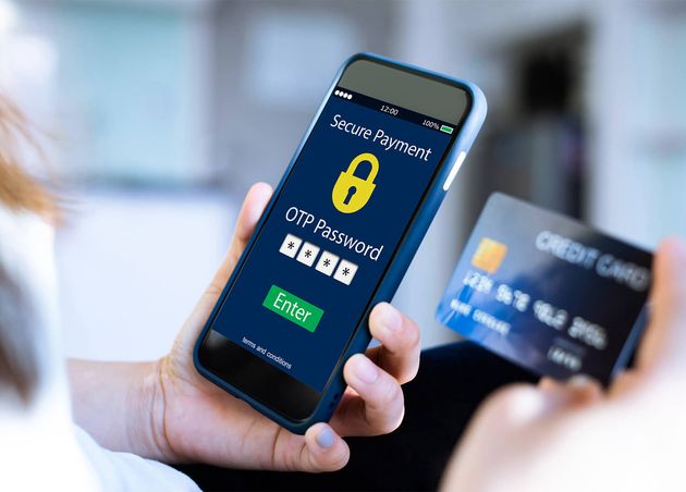 Secure Payment Otp Password Conceptfemale Hands Using Mobile Phone Holding Credit Card