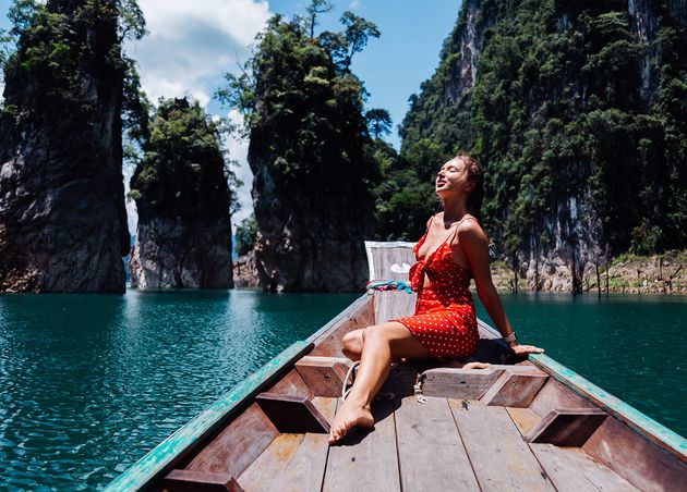 Caucasian Woman Red Summer Dress Thai Asian Boat Vacation Travel around Thailand