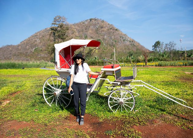 Asian Thai Woman Travel Posing with Classic Vintage Bicycle Rickshaw Outdoor with View Landscape Mountain Coffee Shop Resort Nakhon Ratchasima Thailand