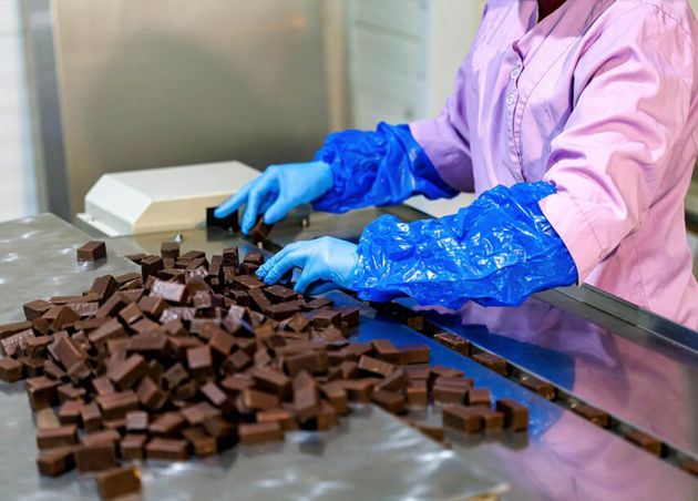 Ose up Female Worker Hands Sorts Chocolate Candies Line Production Factory