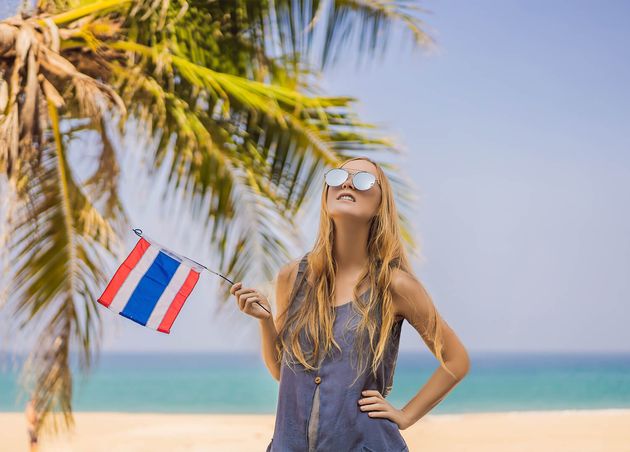 Happy Woman Having Fun Beach with Thailand Flag Beautiful Girl Enjoying Travel Asia