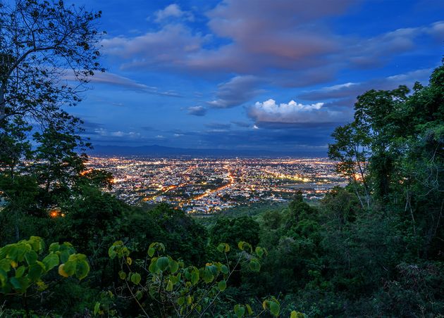 Aerial View City Night from View Point Top Mountain Chiang Mai Thailand