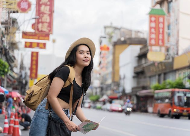Young Asian Travel Girls Are Enjoying with Beautiful Place Bangkok Thailand Traveler Searching