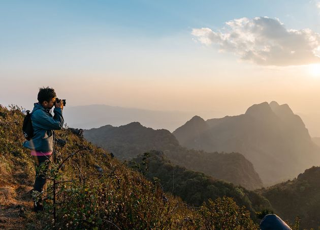 Adventure Photographers Taking Photos Mountain Landscape Dusk near Sunset Doi Luang Chiang Dao
