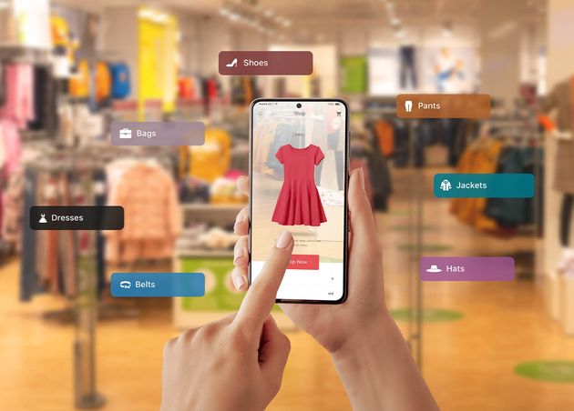 Buying Clothes with Virtual Reality App Smart Phone Choosing Color Size Dress