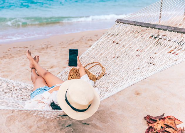 Happy Traveler Asian Woman Using Mobile Phone Relaxing Hammock Beach Koh Chang Trad Thailand