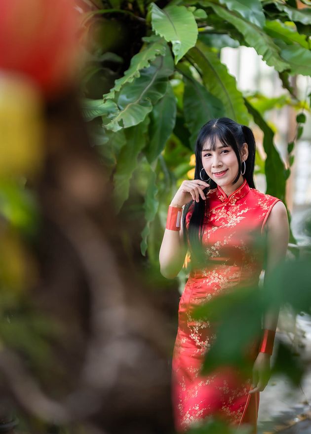Portrait Smiles Asian Transgender Woman Wearing Red Cheongsam Dress Traditional Decoration Chinese New Year Festival Celebrate Culture China Chinese Shrine Public Places Thailand
