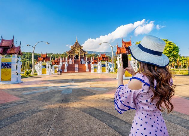 Woman Use Mobile Phone Take Photo Ho Kham Luang Northern Thai Style Royal Flora Ratchaphruek Chiang Mai Thailand