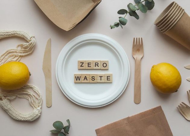 Zero Waste Concept Knives Forks Plate String Bag Paper Bag Inscription Zero Waste