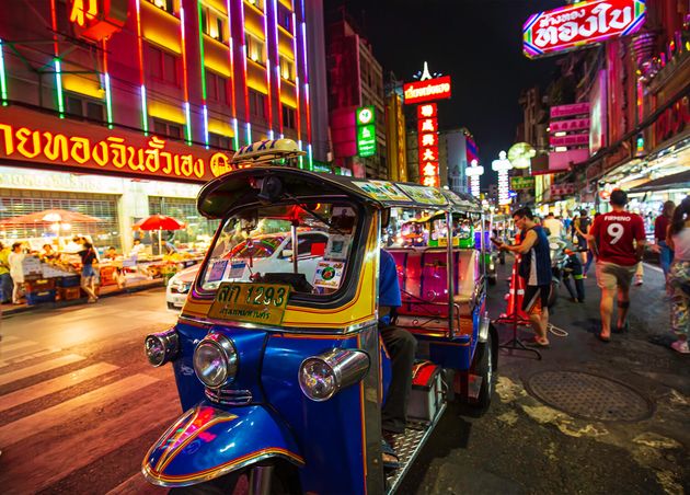 Famous Mototaxi Called Tuktuk Is Landmark City Popular Transport Tuk Tuk Street Chinatown Street Food Night Market Bangkok Thailand
