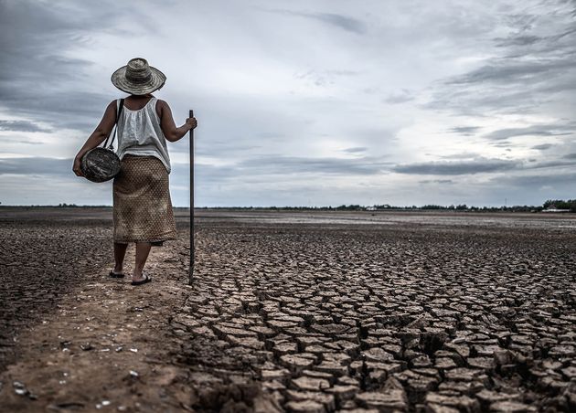 Women Standing Dry Soil Fishing Gear Global Warming Water Crisis