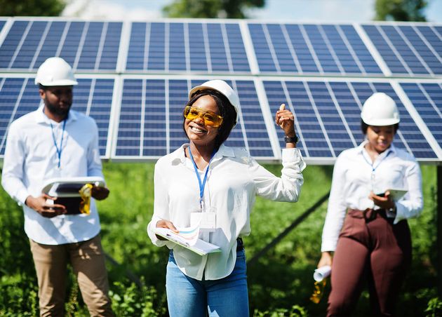African American Technician Checks Maintenance Solar Panels Group Three Black Engineers Meeting Solar Station