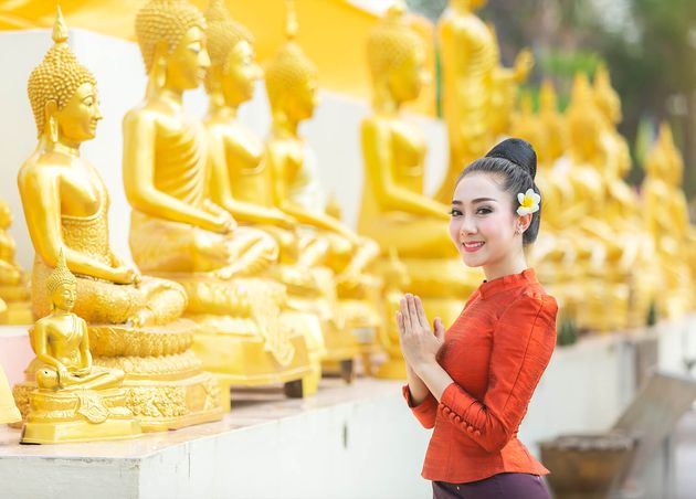 Asian Woman Pay Respect Buddha Statue Thailand