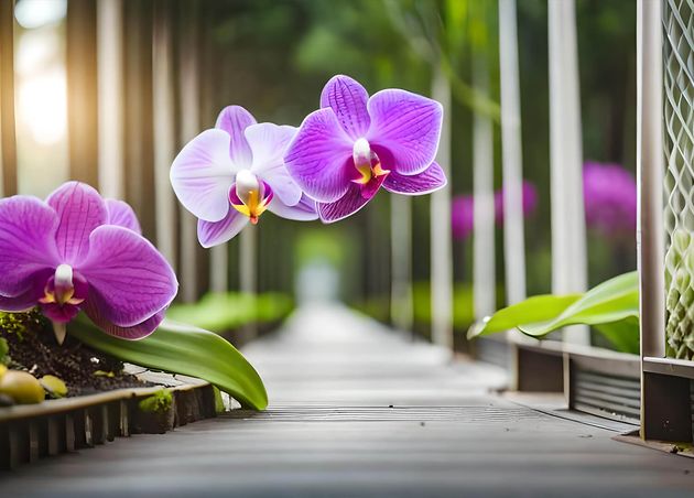 Orchids Wooden Path with Wooden Walkway Background