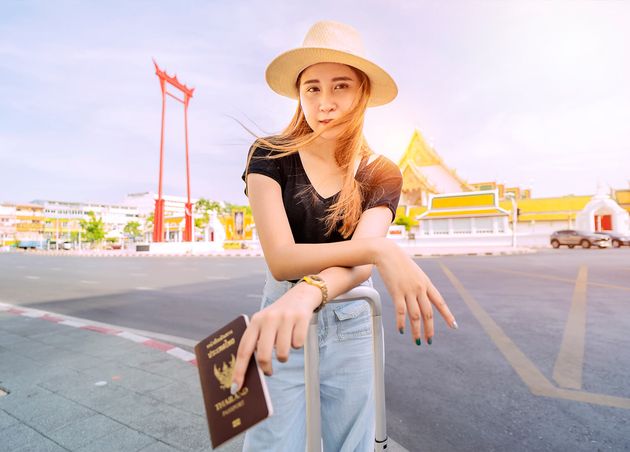 Cute Asian Woman Stands Middle Bangkok S Tourist Attractions Thailand with Suitcase Passport Background Is Giant Swing