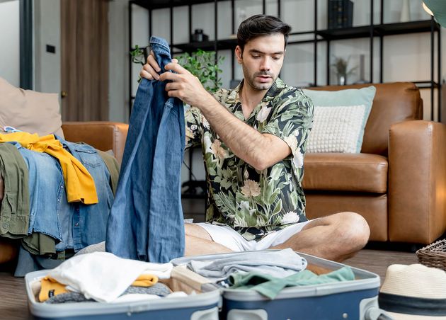 Busy Caucasian Husband Try Organize Travel Cloth Stuff Suit Luggage Travel Conceptcaucasian Male Wear Casual Cloth Sit Floor Arrange Luggage Travel