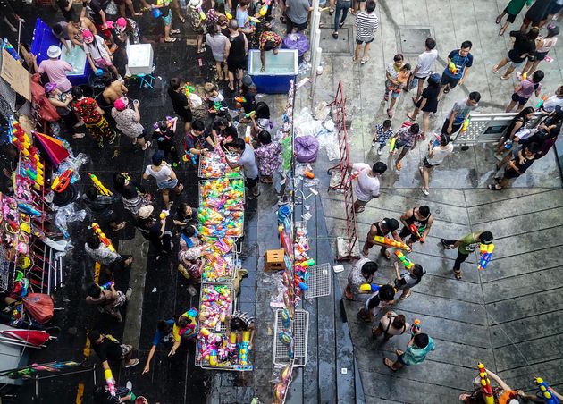 High Angle View Crowd Street Market Songkran Festival