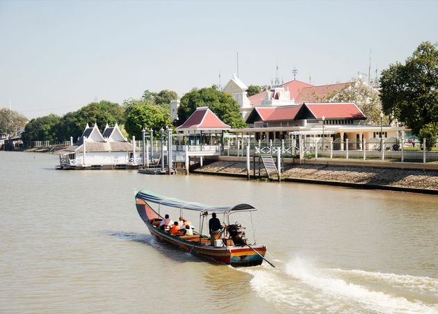 Thai People Drive Long Tail Boat Bring Travelers People Tour around Chao Phraya River Riverside Bang Pa Palace