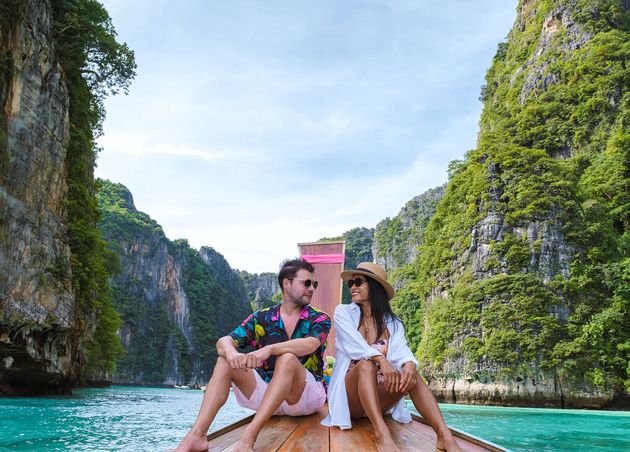Couple Front Longtail Boat Lagoon Koh Phi Phi Thailand