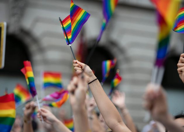 Crowds People Wave Gay Pride Flags Solidarity March