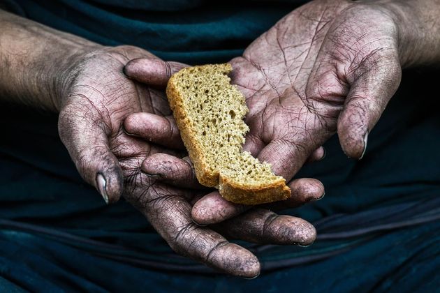 Dirty Hands Homeless Poor Man with Piece Bread Modern Capitalism Society