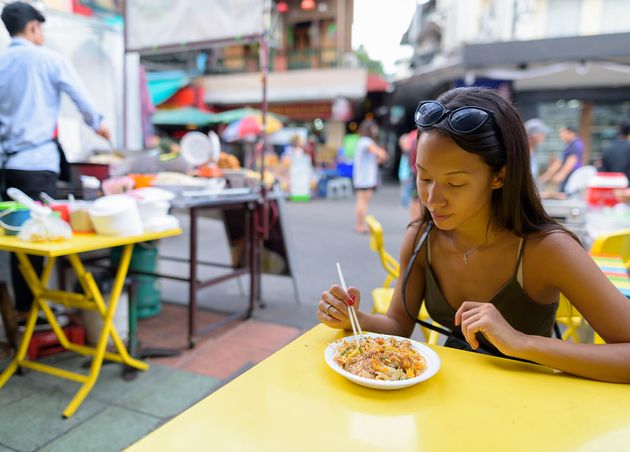 Woman Eating Pad Thai Noodles Khao San Road