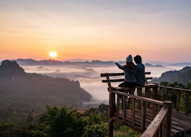 Young Couple Traveler Looking Sea Mist Sunset Mountain Mae Hong Son Thailand