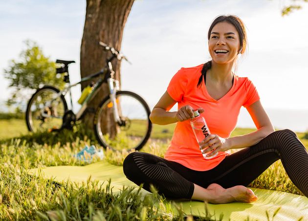 Smiling Beautiful Woman Drinking Water Bottle Doing Sports Morning Park