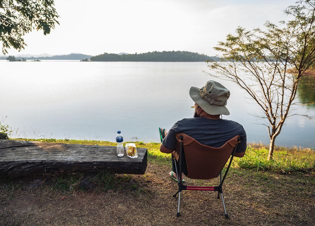 Asian Man Sitting Camping Chair with Beautiful Landscape Pompee Viewpointpom Pee Viewpoint Is Located Khao Laem National Park Thong Pha Phum District Kanchanaburi Province