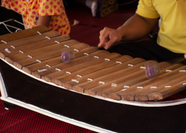 Thai People Playing Ranat Ek Xylophone Traditional Thai Musical Instruments Festival Wat Sai Yai Nonthaburi Thailand