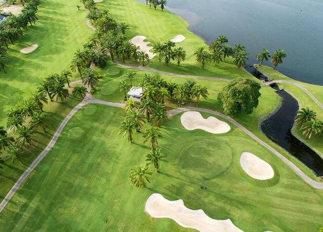 Aerial View Green Golf Course Thailand Beautiful Green Grass Trees Golf Field with Fairway Putting Green Summer Season