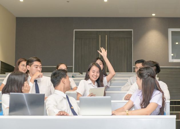 Cute Teen Student Raise Hands Ask Teacher