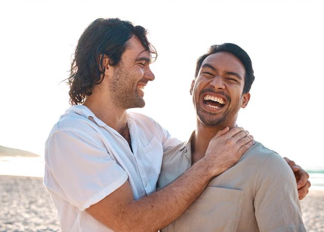 Love Laughing Gay Couple Beach Hug Smile Summer Vacation Together Thailand Sunshine Ocean Comic Happy Lgbt Men Embrace Nature Funny Holiday with Pride Sea Sand