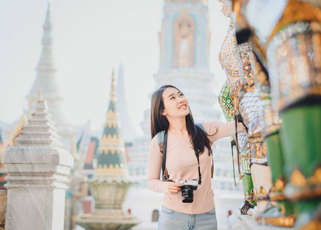 Asian Women Travel with Camera Sightseeing Temple Thailand